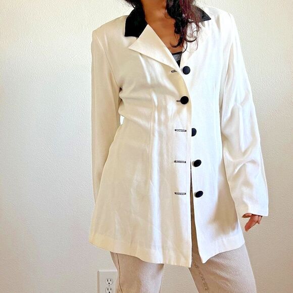 vtg 80s‎ white and black classic long formal blazer 5 button retro size 12 - Picture 8 of 9